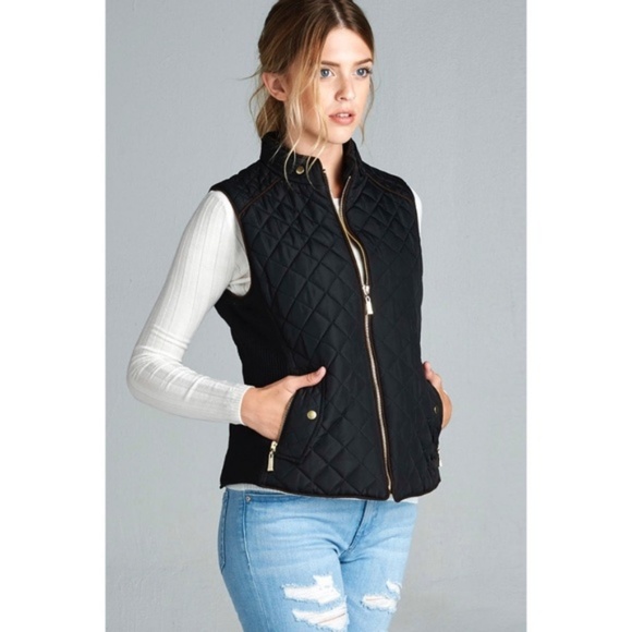 Black Basic Zippered Vest with Suede Piping Detail - Picture 2 of 5